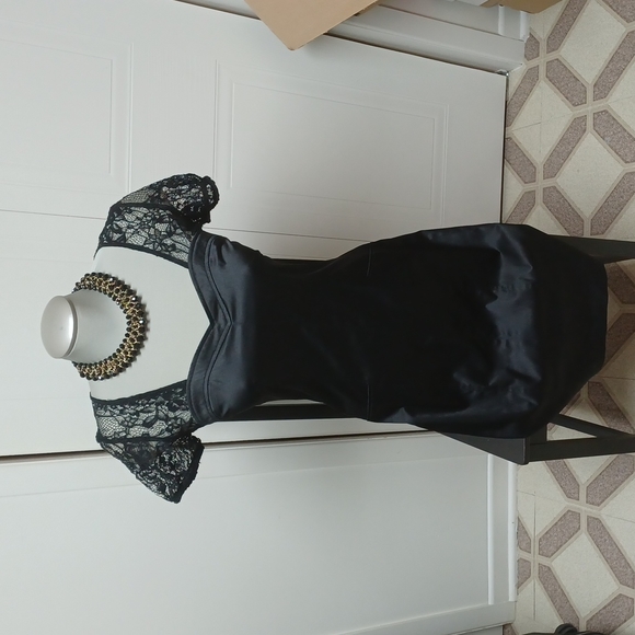 NWOT Black Satin Dress with Lace Sleeves and Back - Picture 1 of 6
